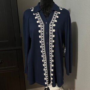 Kim Rogers Blouse XL Navy White Embroidered Button-Front Tunic Boho Casual Top